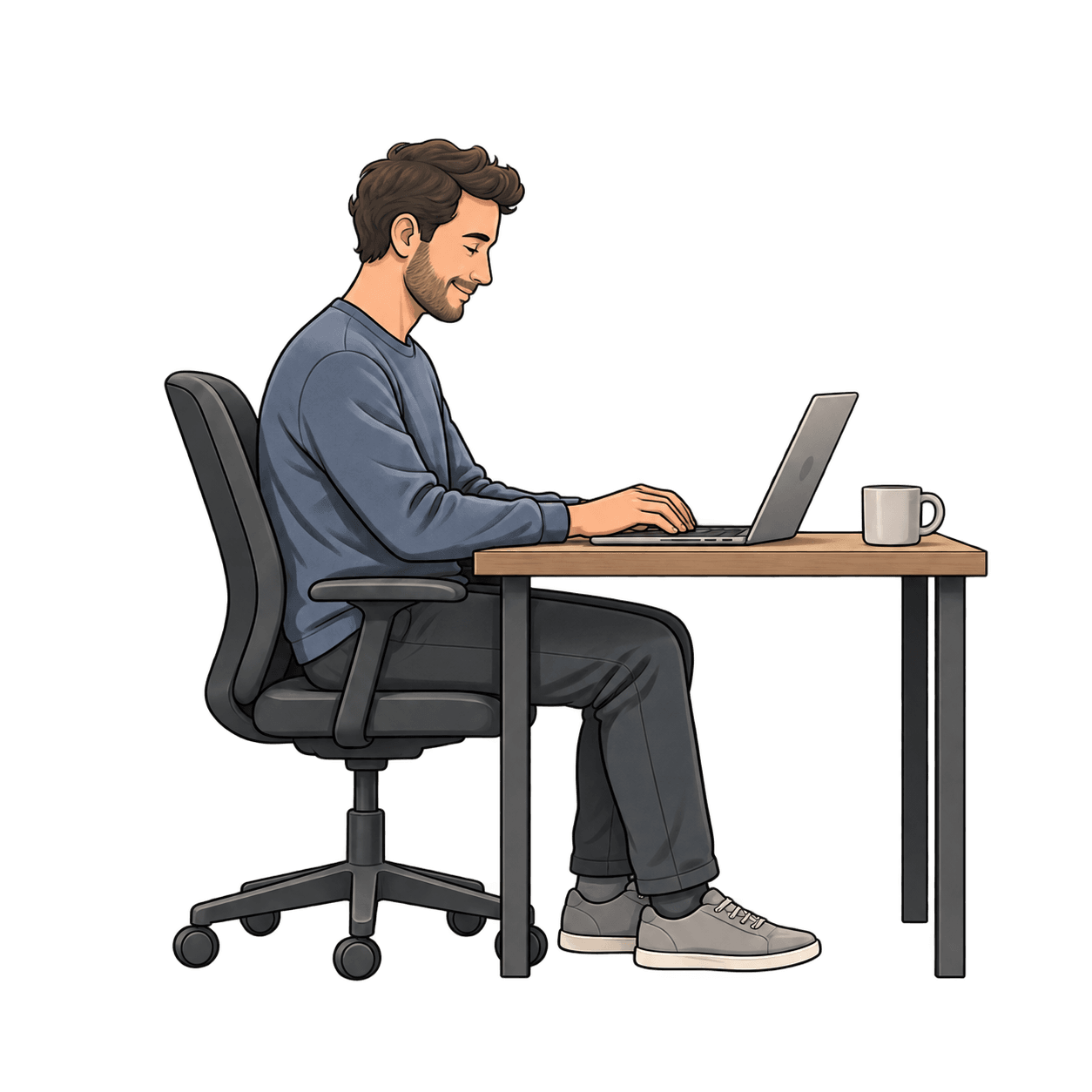 A cartoon person working at a laptop